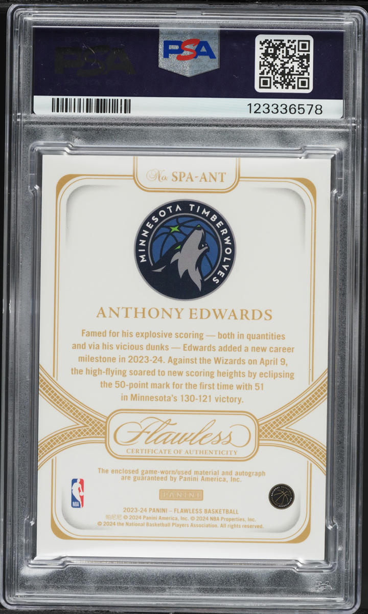 2023 Panini Flawless Prime Anthony Edwards PATCH AUTO /25 #SPA-ANT PSA 10 GEM