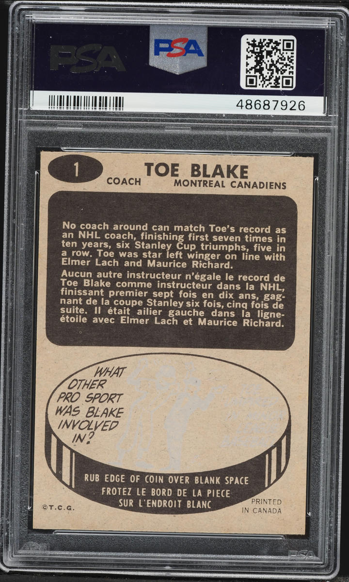 1965 Topps Hockey Toe Blake #1 PSA 7 NRMT