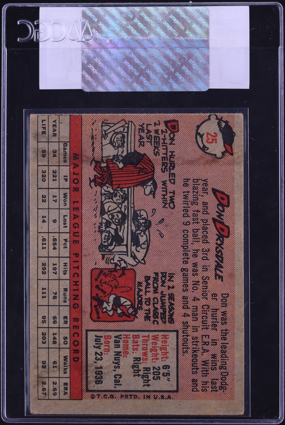 1958 Topps Don Drysdale #25 CGC AUTH