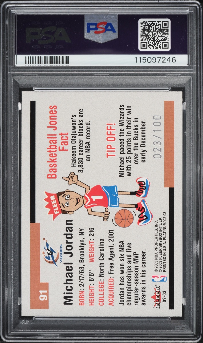 2002 Fleer Platinum Finish Michael Jordan JERSEY # 23/100 #91 PSA 10 GEM MINT
