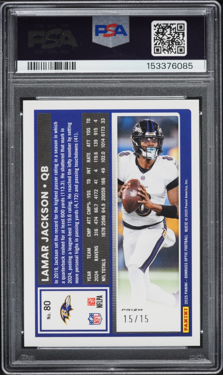 2025 Donruss Optic Ice Lamar Jackson 15/15 #80 PSA 10 GEM MINT