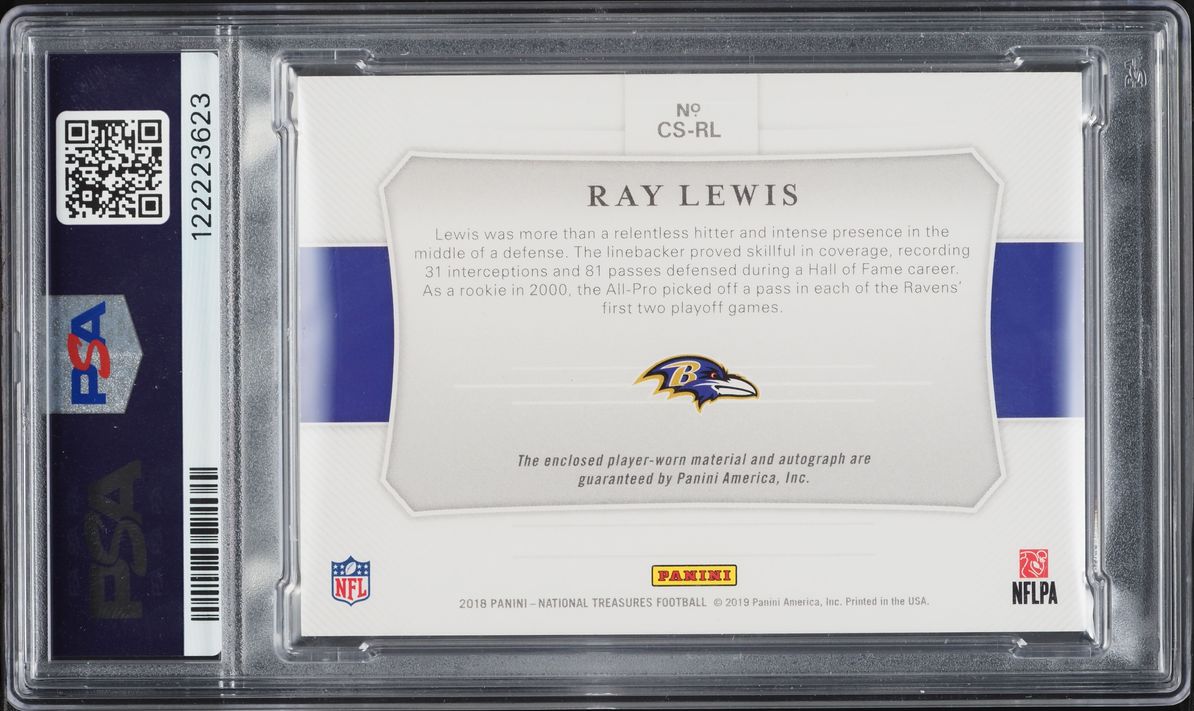 2018 National Treasures Colossal Prime Ray Lewis PATCH AUTO 10/10 #CS-RL PSA 8 NM-MT
