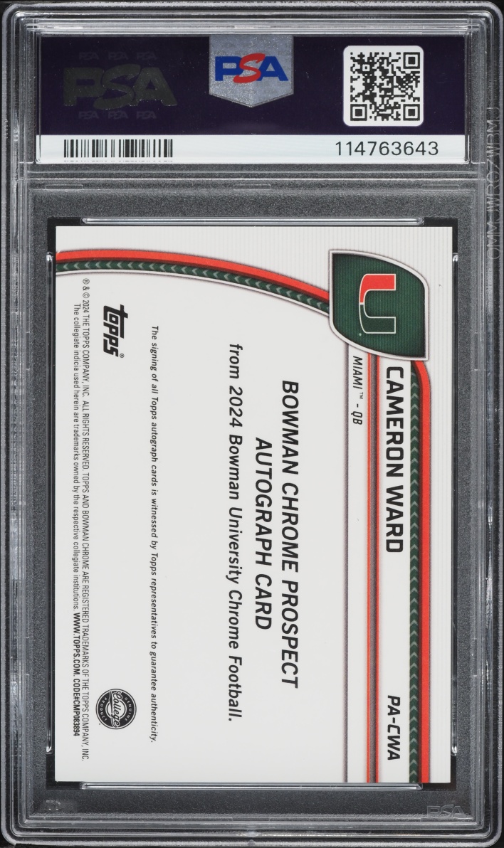 2024 Bowman Chrome University Gold Refractor Cameron Ward ROOKIE AUTO /50 #PA-CWA PSA 10 GEM