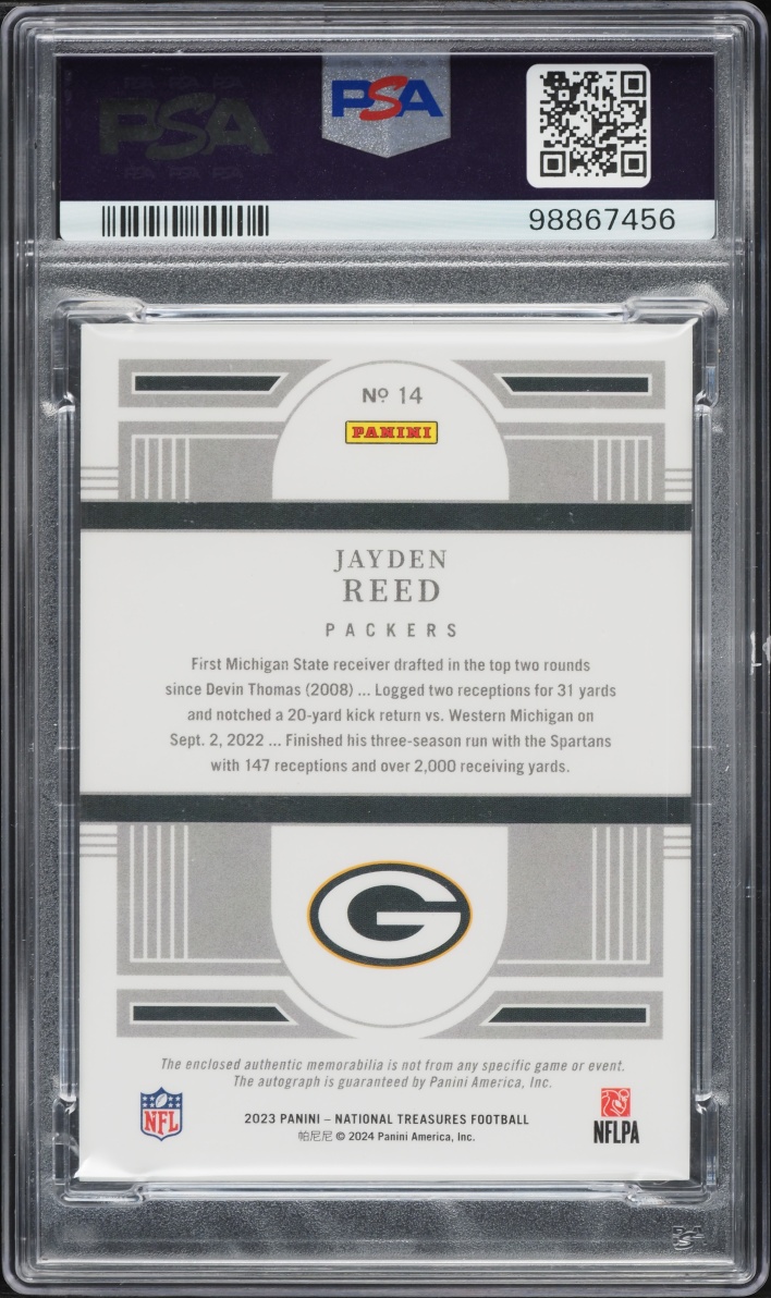 2023 National Treasures Material Signatures Jayden Reed ROOKIE PATCH AUTO /99 #14 PSA 9 MINT