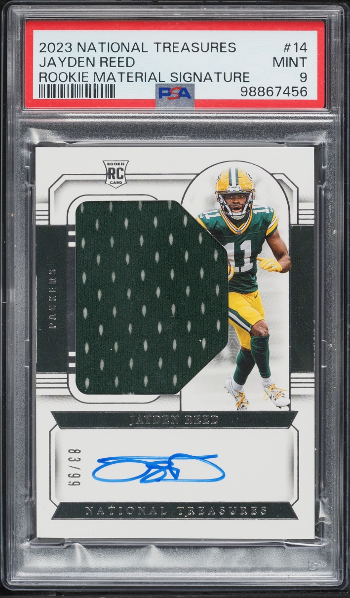 2023 National Treasures Material Signatures Jayden Reed ROOKIE PATCH AUTO /99 #14 PSA 9 MINT