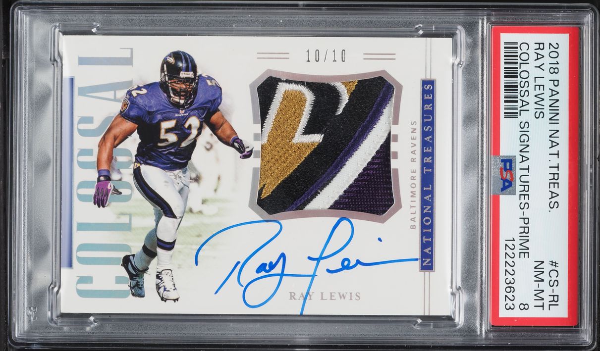 2018 National Treasures Colossal Prime Ray Lewis PATCH AUTO 10/10 #CS-RL PSA 8 NM-MT