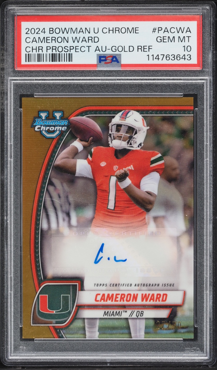2024 Bowman Chrome University Gold Refractor Cameron Ward ROOKIE AUTO /50 #PA-CWA PSA 10 GEM