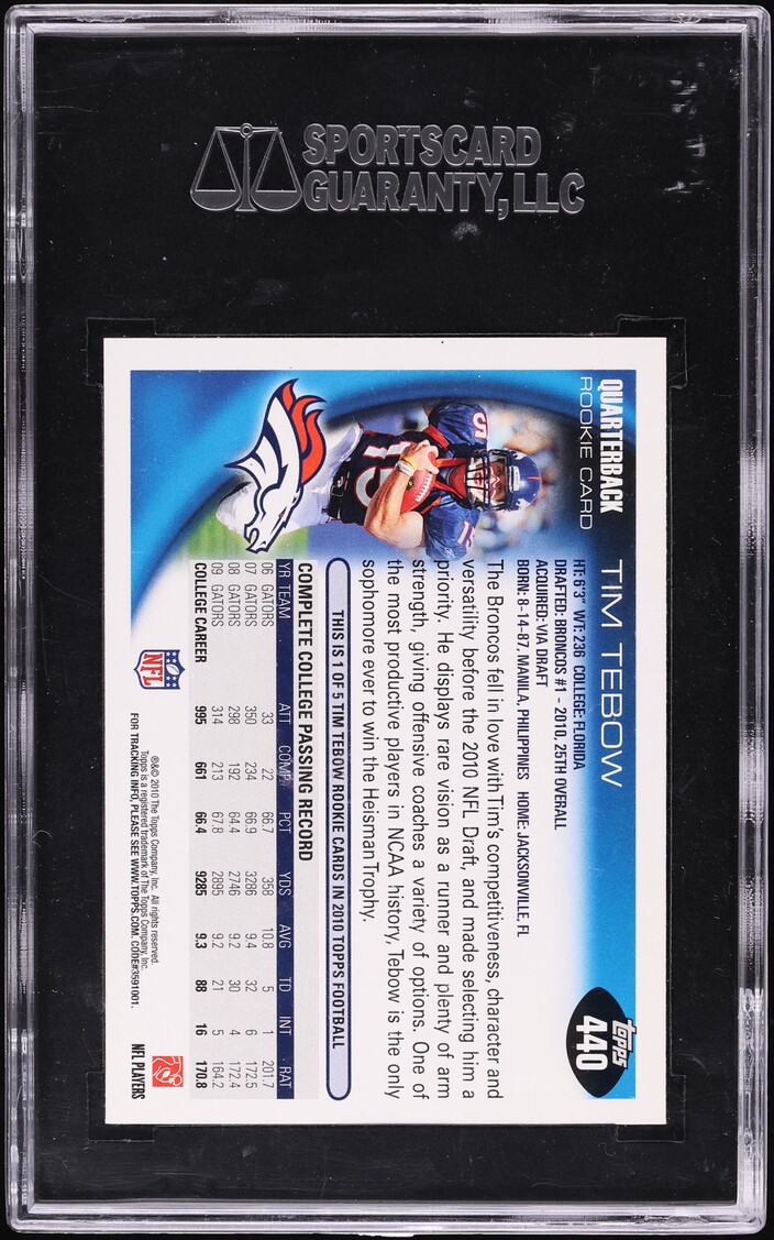 2010 Topps Football Tim Tebow ROOKIE #440 SGC 8.5 NM-MT+