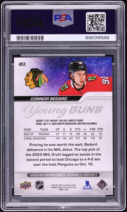2023 Upper Deck Young Guns Connor Bedard ROOKIE #451 PSA 10 GEM MINT