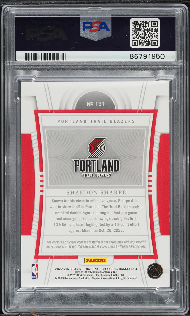 2022 National Treasures Shaedon Sharpe ROOKIE PATCH AUTO /99 #131 PSA 10 GEM