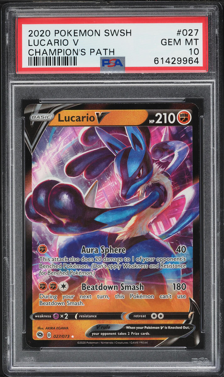 2020 Pokemon Sword & Shield Champion's Path Holo Lucario V #27 PSA 10 GEM MINT