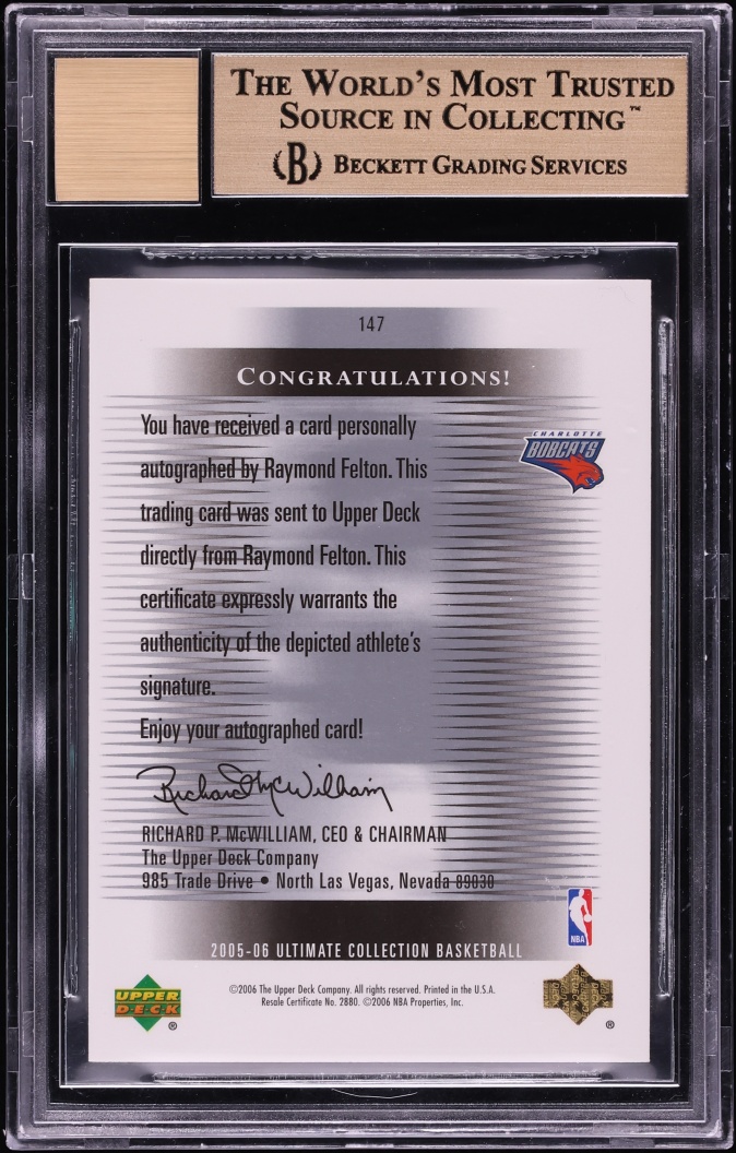 2005 Ultimate Collection Raymond Felton ROOKIE AUTO /250 #147 BGS 10 PRISTINE