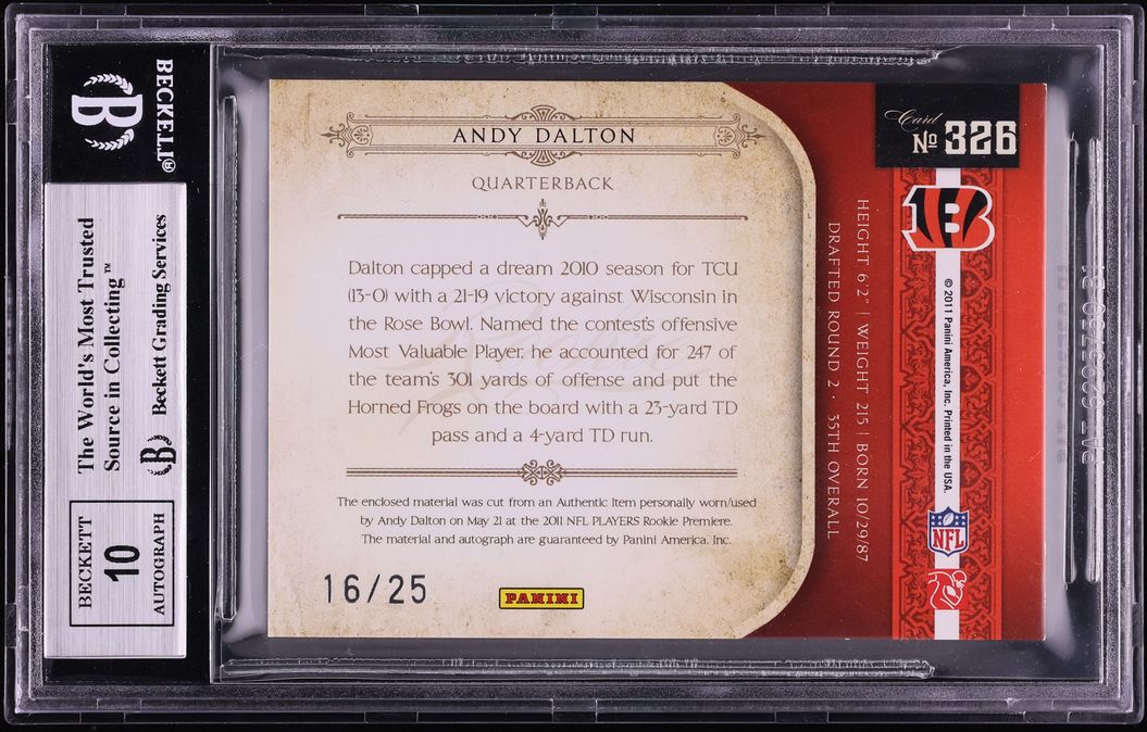 2011 Playoff National Treasures Black Andy Dalton ROOKIE PATCH AUTO /25 #326 BGS 9 MINT