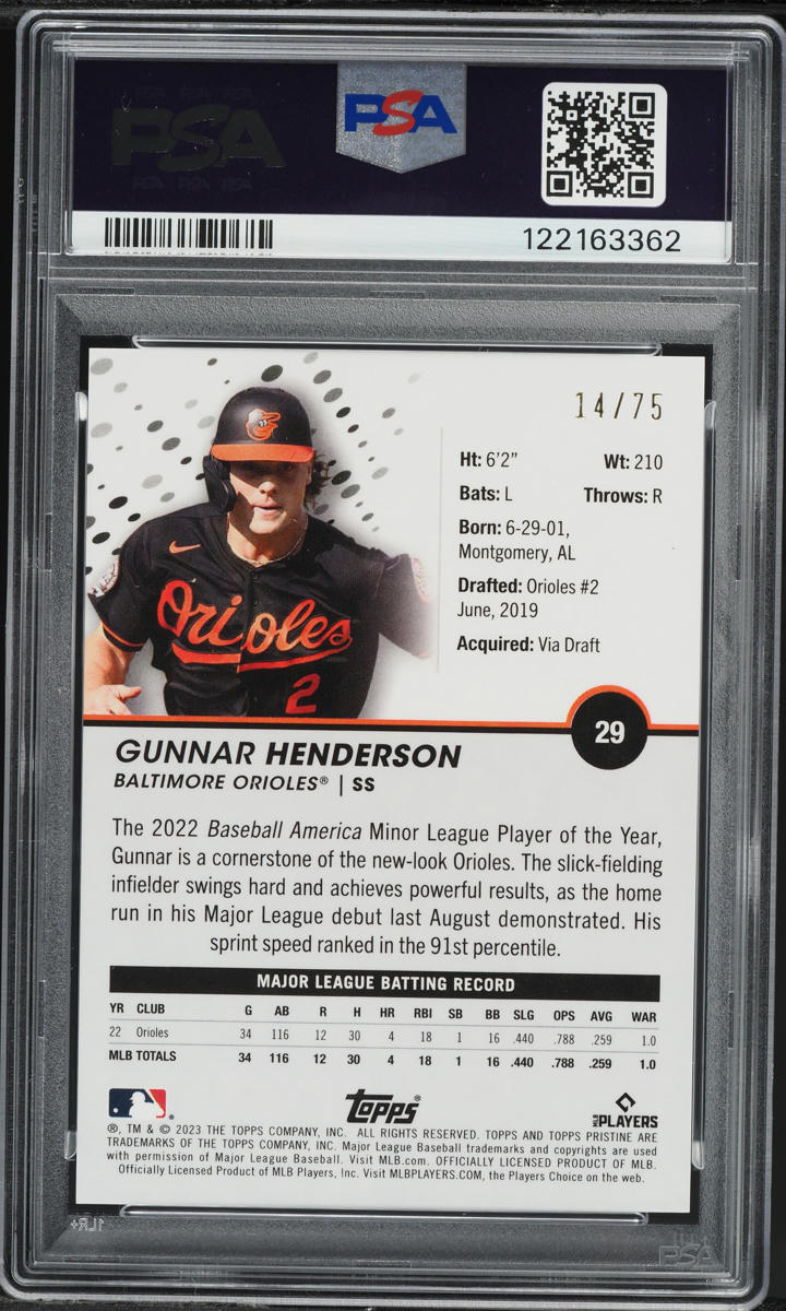 2023 Topps Pristine Blue Gunnar Henderson ROOKIE /75 #29 PSA 9 MINT