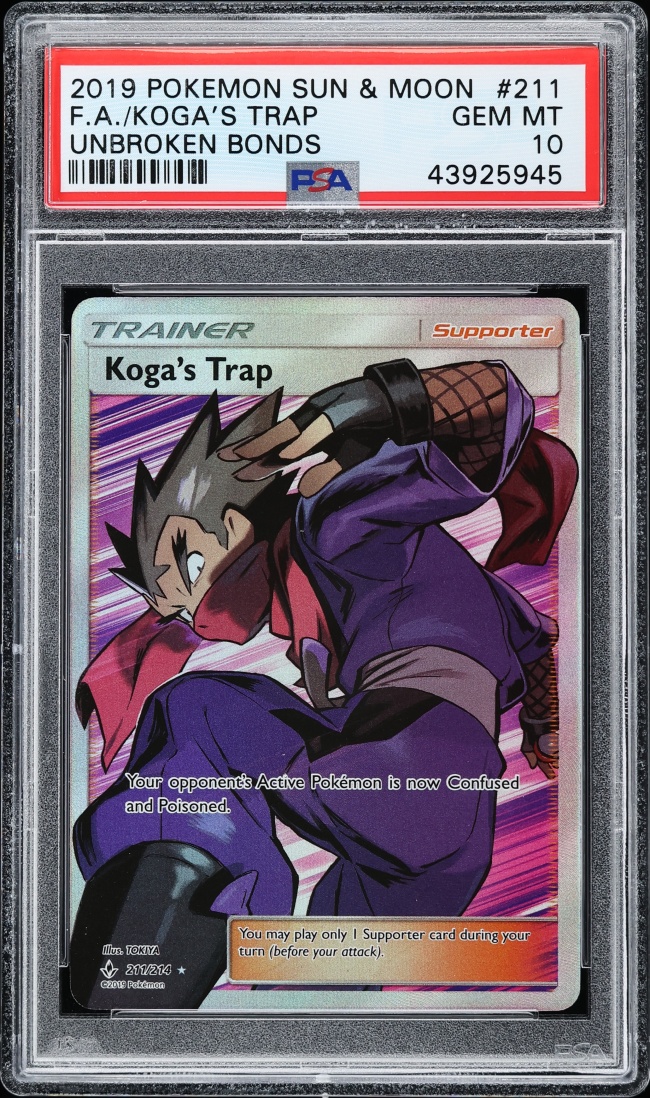 2019 Pokemon Sun & Moon Unbroken Bonds Full Art Koga's Trap #211 PSA 10 GEM MINT
