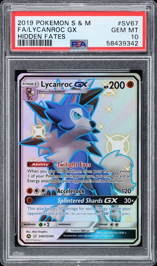 2019 Pokemon Sun & Moon Hidden Fates Full Art Lycanroc GX #SV67 PSA 10 GEM MINT
