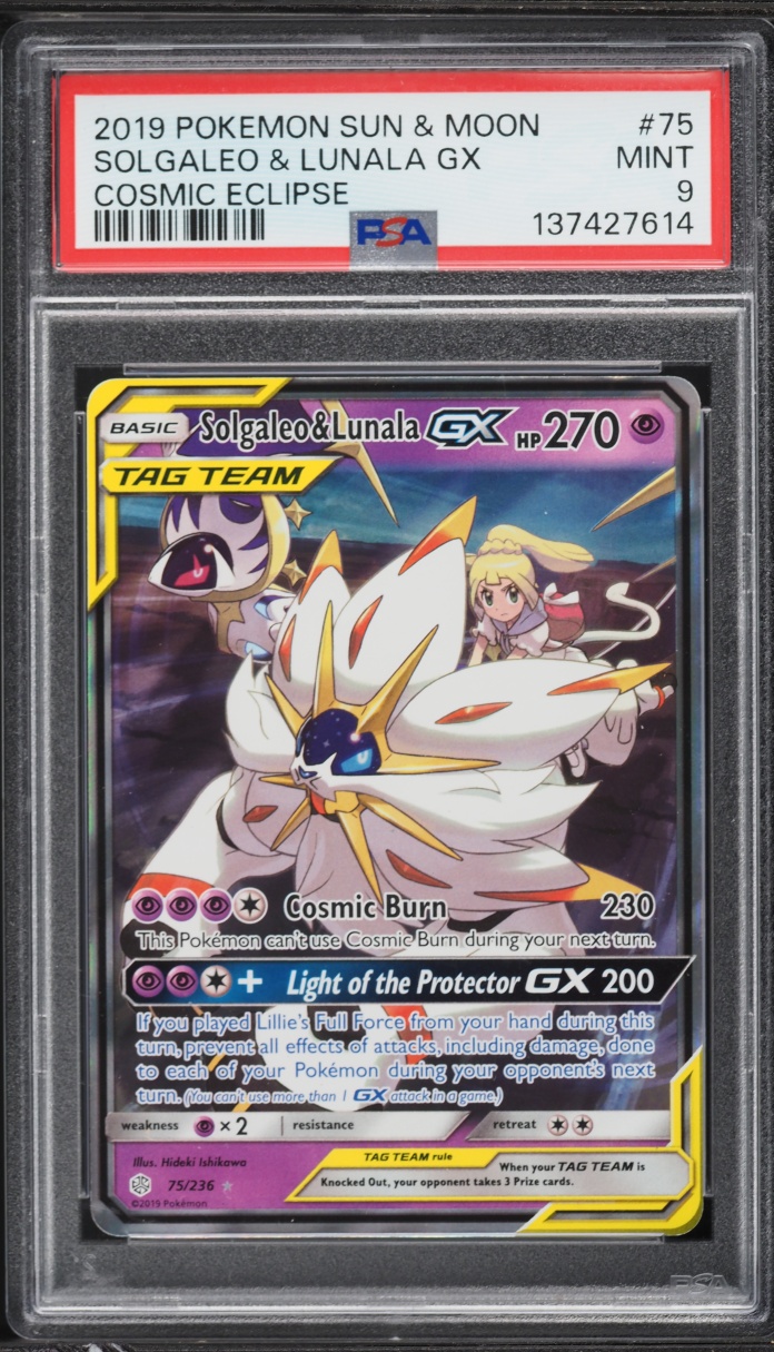 2019 Pokemon Sun & Moon Cosmic Eclipse Holo Solgaleo & Lunala GX #75 PSA 9 MINT