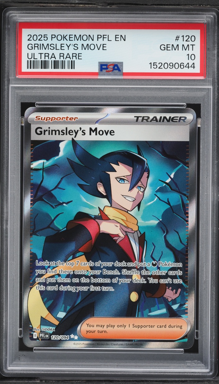 2025 Pokemon Mega Evolution Phantasmal Flames Full Art Grimsley's Move #120 PSA 10 GEM MINT