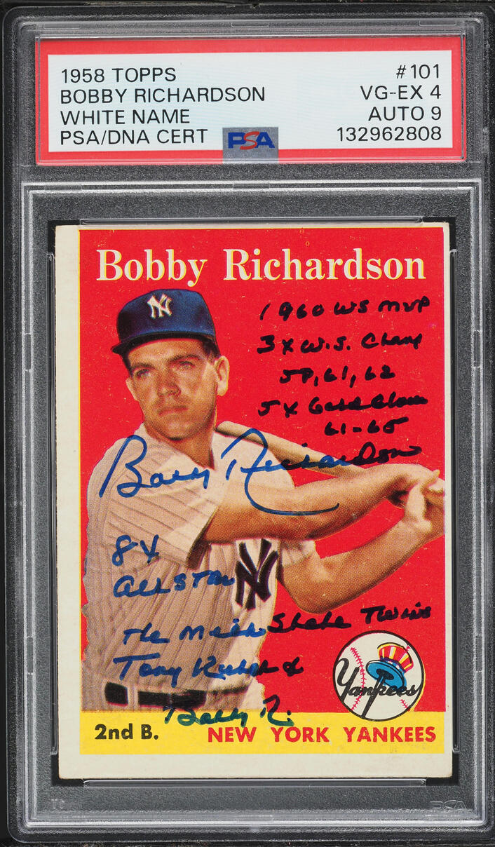 1958 Topps Bobby Richardson WHITE NAME AUTO DNA 9 #101 PSA 4 VGEX