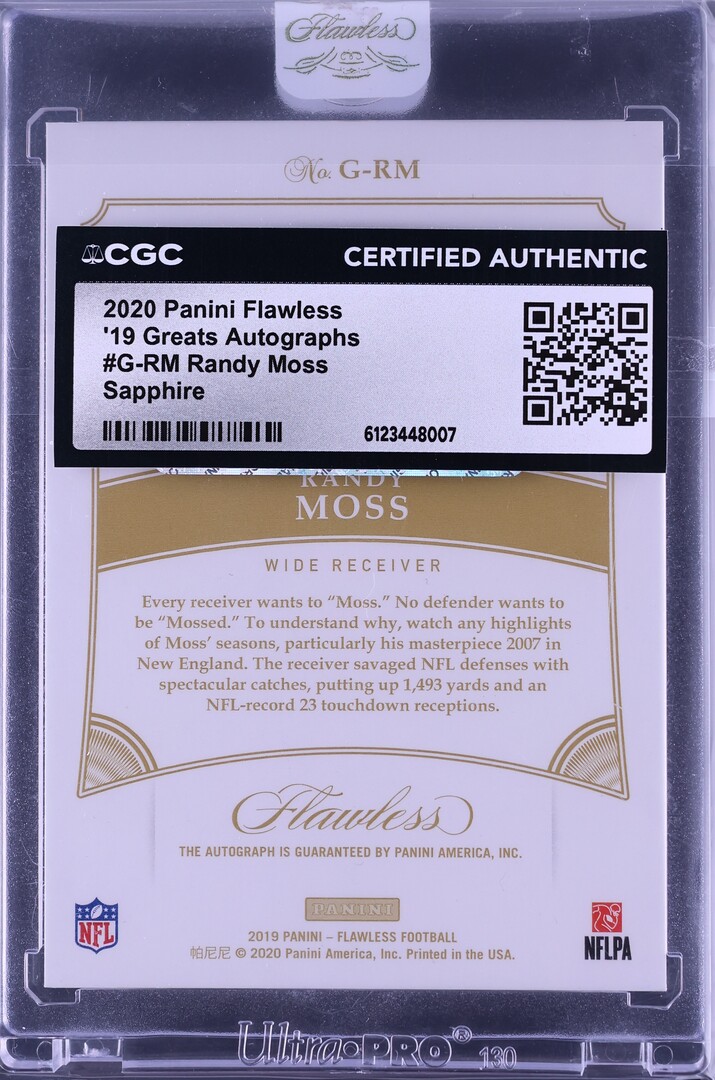 2020 Panini Flawless '19 Greats Sapphire Randy Moss AUTO /5 #G-RM CGC AUTH - Photo 2