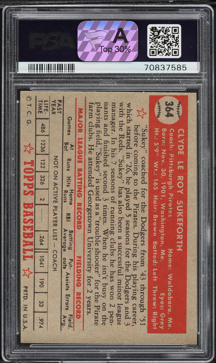 1952 Topps Clyde Sukeforth #364 PSA 6 EXMT