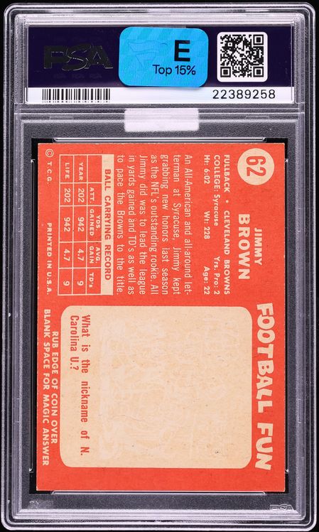 1958 Topps Football Jim Brown ROOKIE #62 MBA PSA 7 NRMT