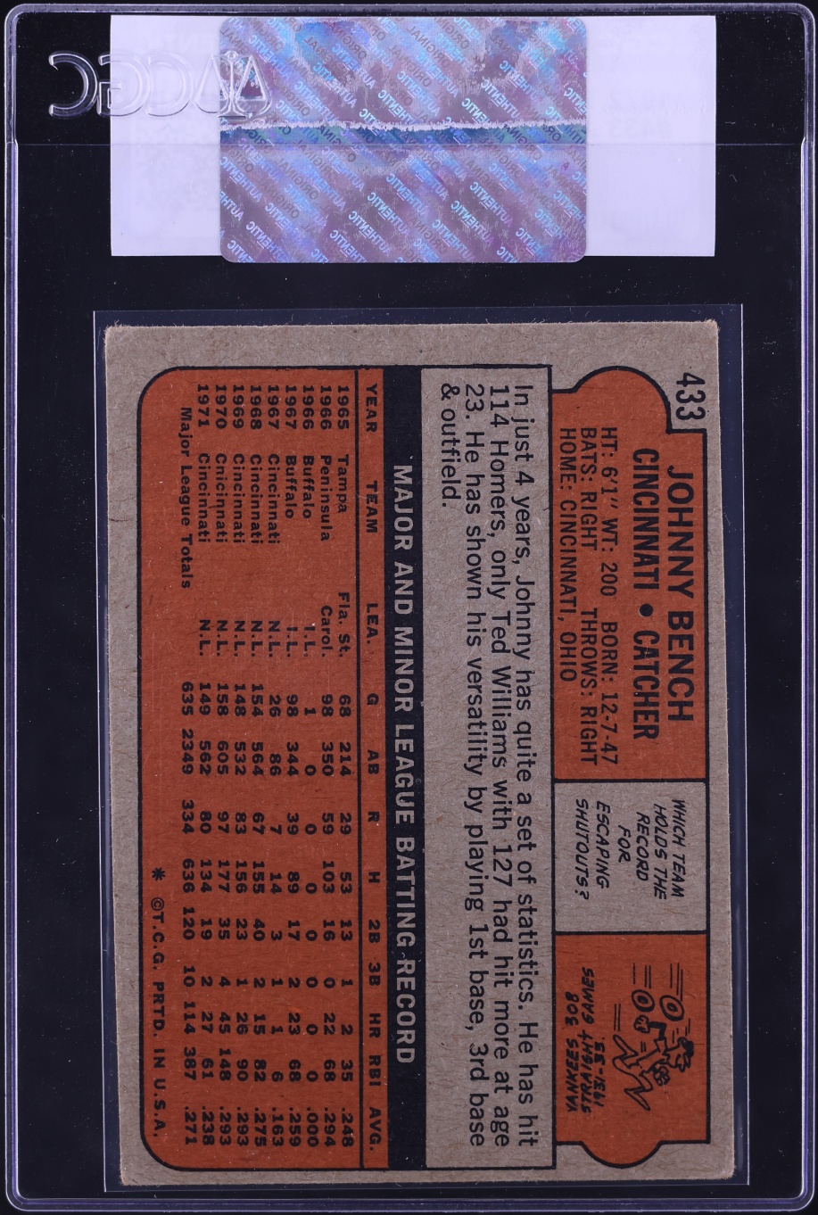 1972 Topps Johnny Bench #433 CGC AUTH