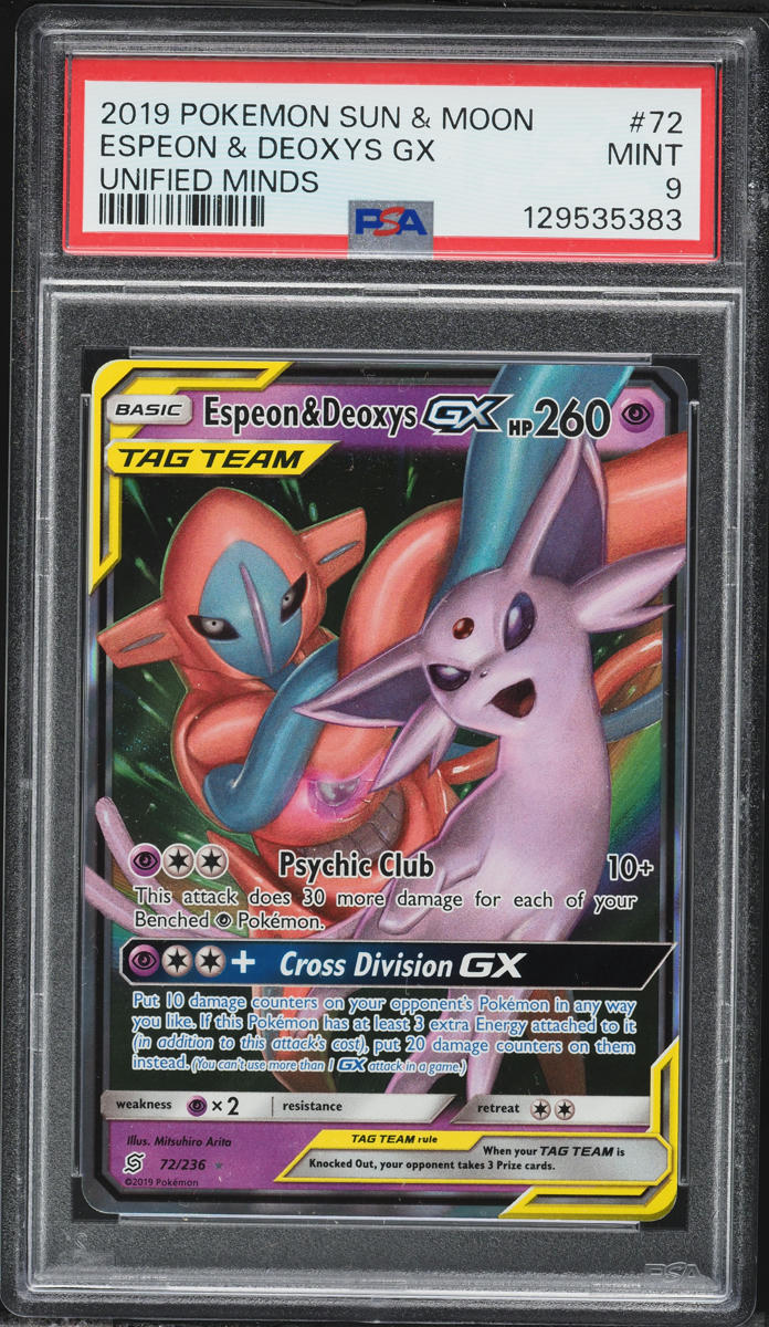 2019 Pokemon Sun & Moon Unified Minds Full Art Espeon & Deoxys GX #72 PSA 9 MINT