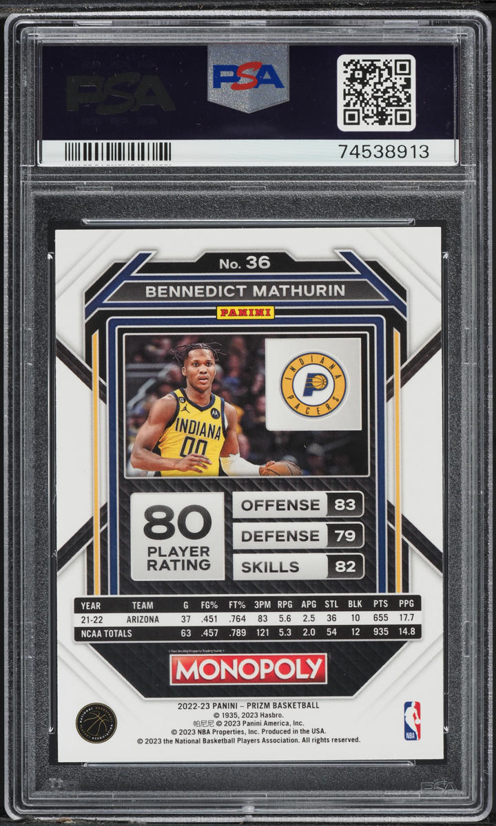 2022 Panini Prizm Monopoly Bennedict Mathurin ROOKIE #36 PSA 10 GEM MINT