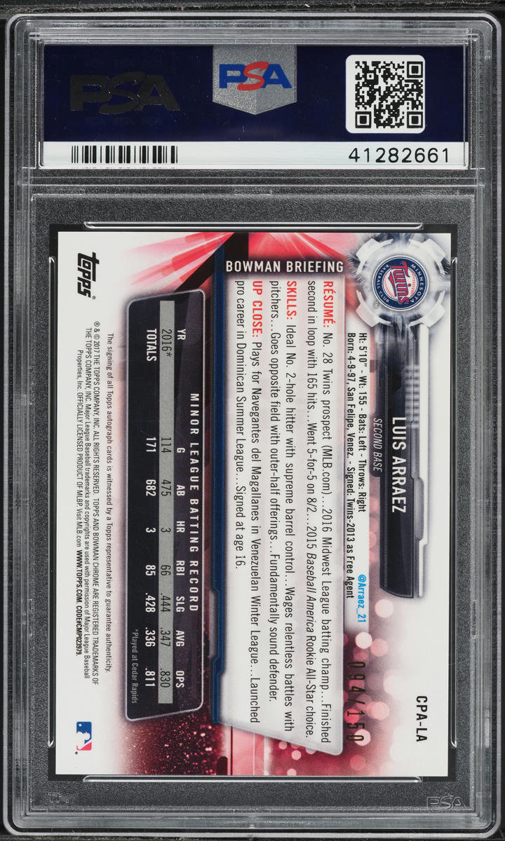 2017 Bowman Chrome Blue Refractor Luis Arraez PROSPECT AUTO /150 #CPA-LA PSA 10
