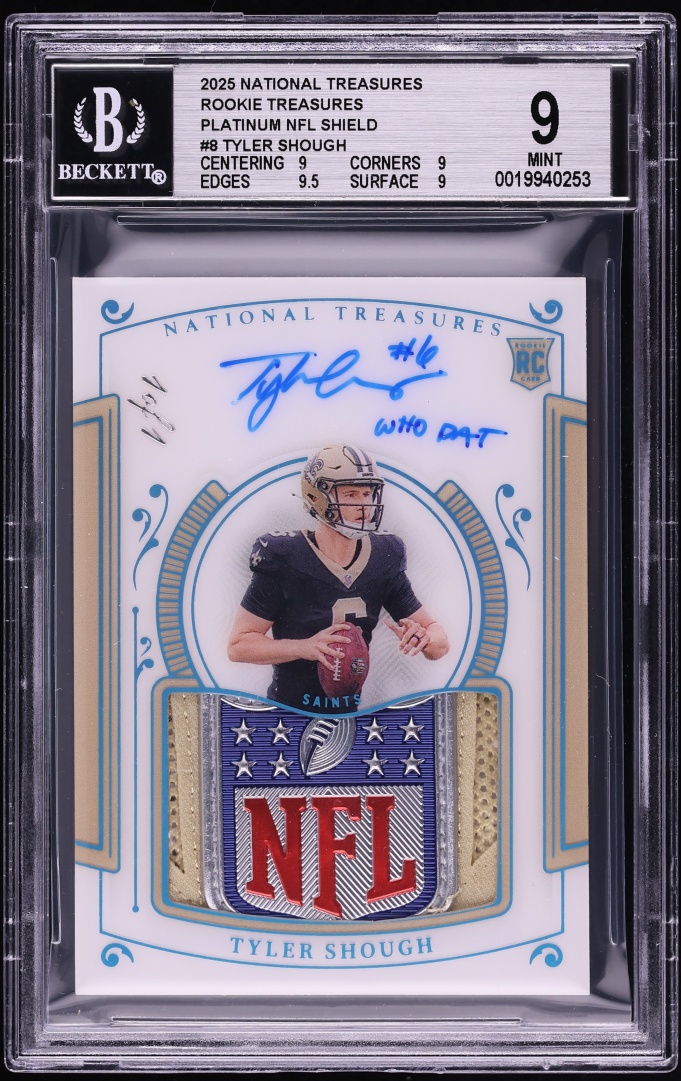 2025 National Treasures Platinum Tyler Shough ROOKIE SHIELD PATCH AUTO 1/1 #RTHS-TSH BGS 9 MINT