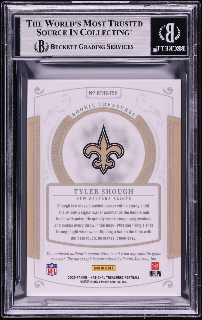 2025 National Treasures Platinum Tyler Shough ROOKIE SHIELD PATCH AUTO 1/1 #RTHS-TSH BGS 9 MINT