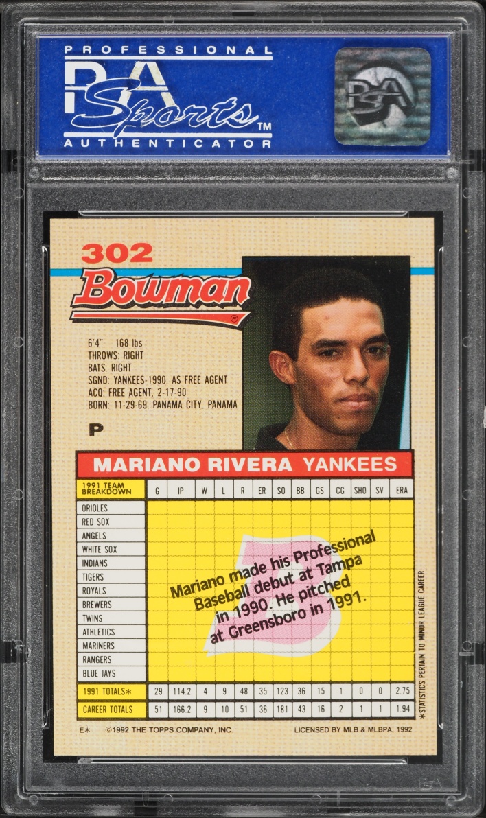 1992 Bowman Mariano Rivera ROOKIE #302 PSA 9 MINT