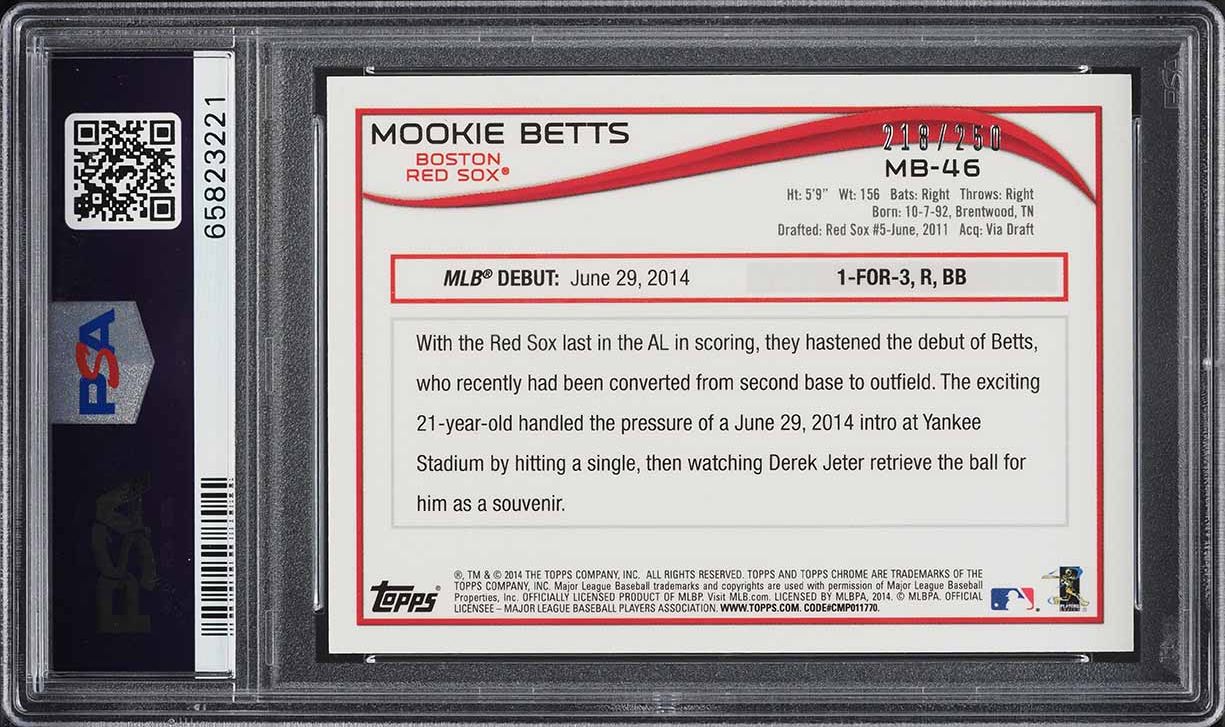 2014 Topps Chrome Update Gold Refractor Mookie Betts ROOKIE /250 #MB46 PSA 9