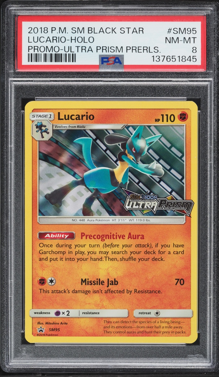 2018 Pokemon Sun & Moon Promo Ultra Prism Prerelease Holo Lucario #SM95 PSA 8 NM-MT