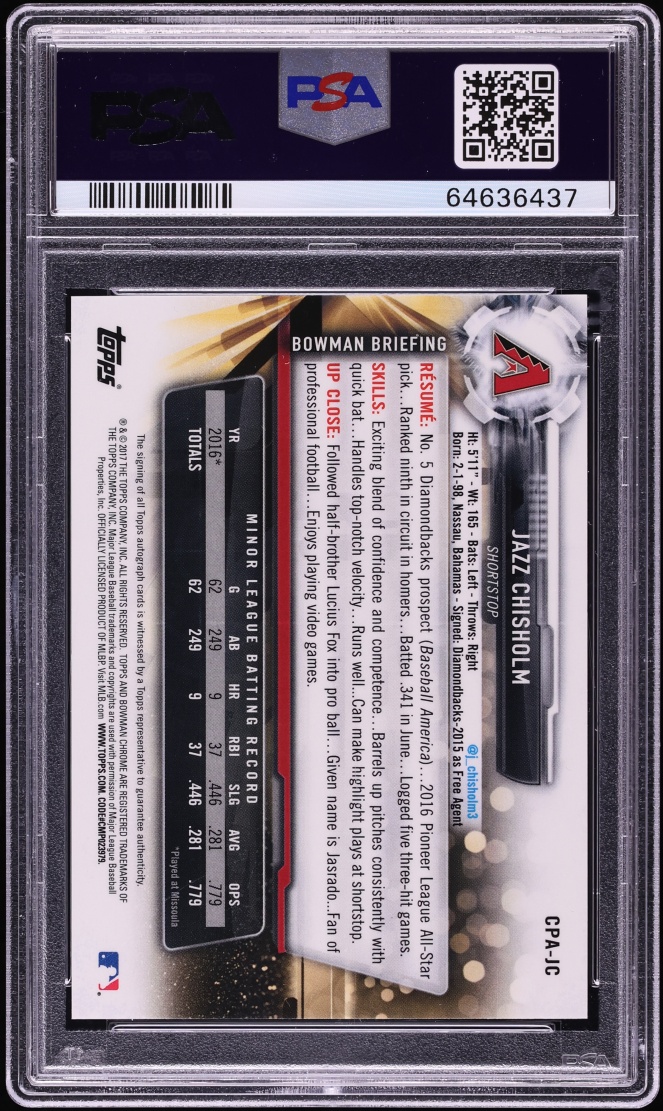 2017 Bowman Chrome Jazz Chisholm PROSPECT AUTO DNA 10 #JC PSA 10 GEM MINT