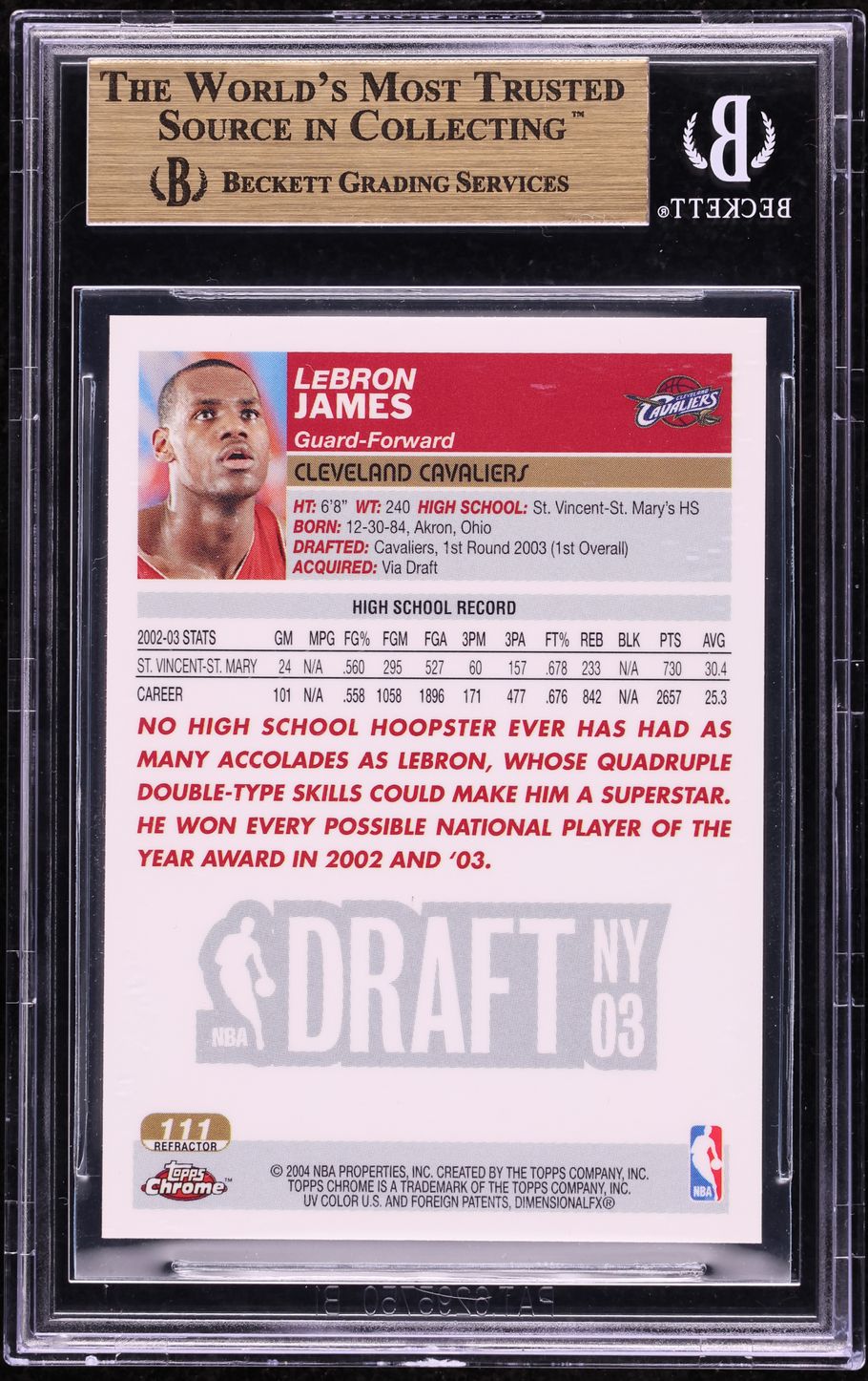 2003 Topps Chrome Refractor LeBron James ROOKIE #111 BGS 10 PRISTINE