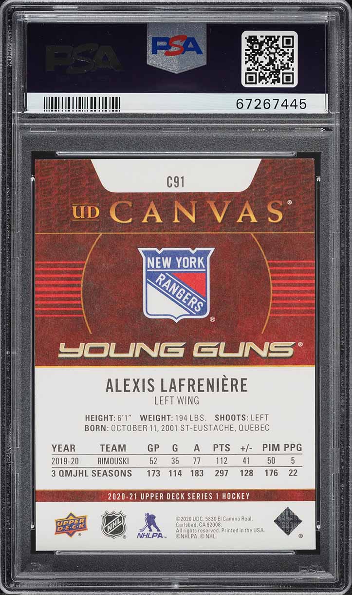 2020 Upper Deck Canvas Young Guns Alexis Lafreniere ROOKIE #C91 PSA 9 MINT
