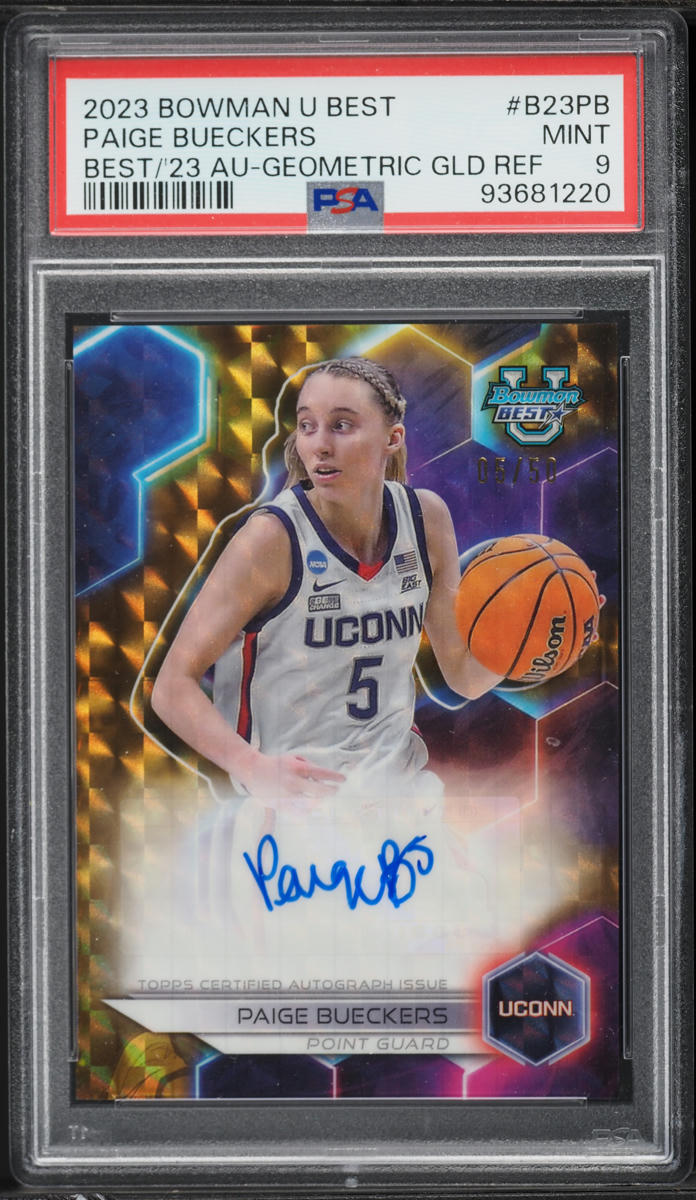 2023 Bowman University Best Geometric Gold Refractor Paige Bueckers RC AUTO Jersey #5/50 PSA 9 - Photo 1