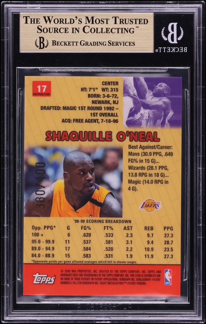 1999 Bowman's Best Refractors Shaquille O'Neal /400 #17 BGS 9.5 GEM MINT