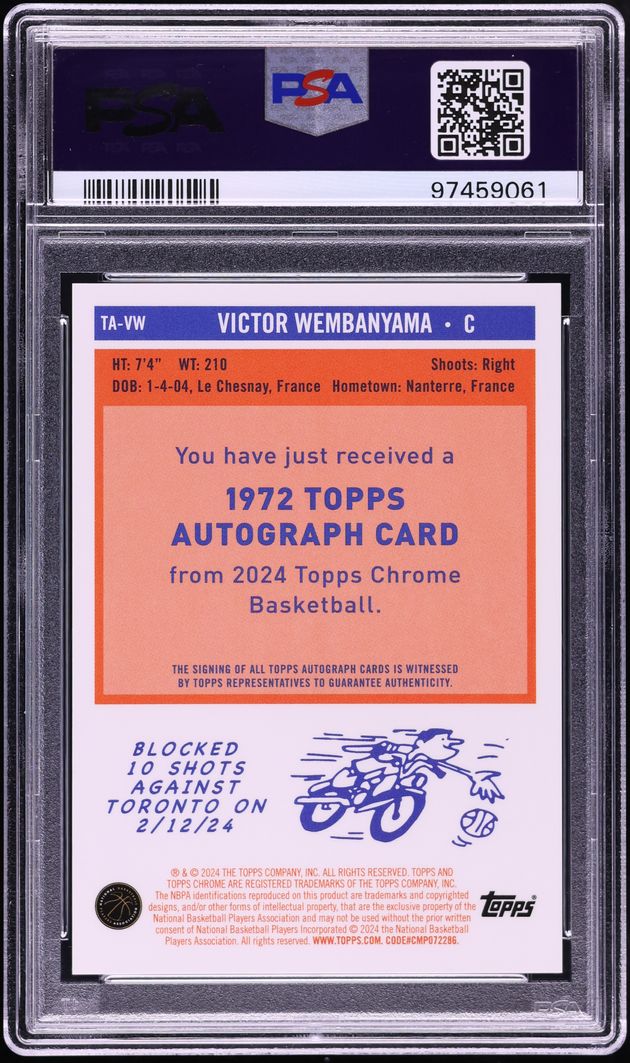 2023 Topps Chrome '72 Gold Refractor Victor Wembanyama ROOKIE AUTO DNA /50 #TAVW PSA 10 GEM