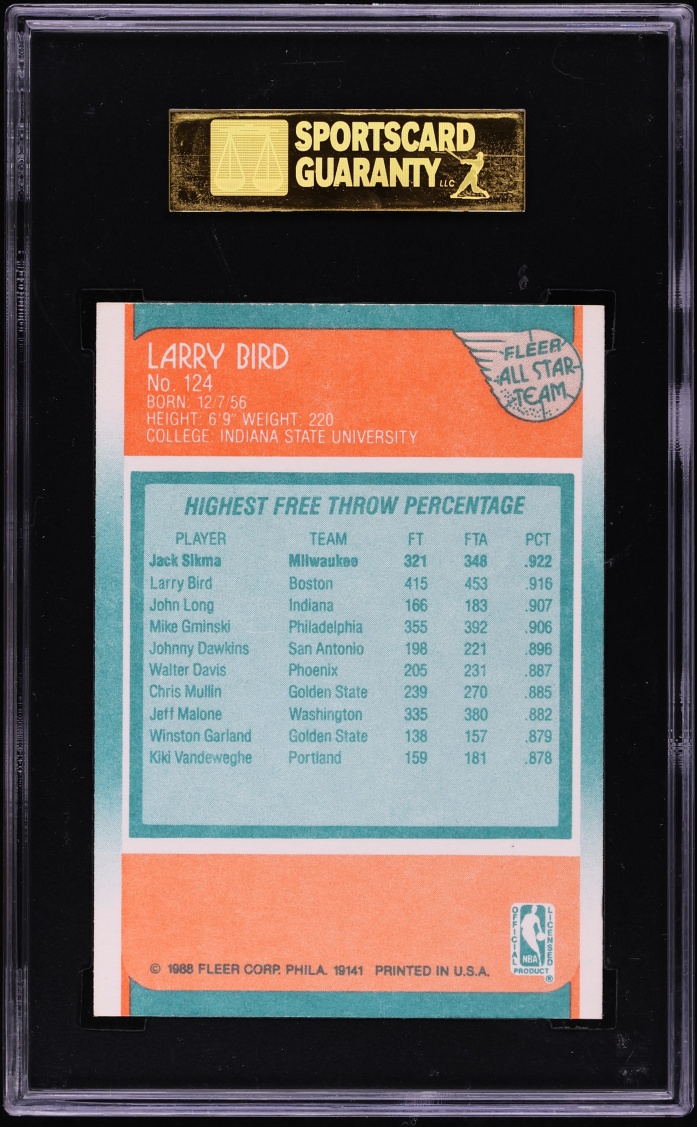 1988 Fleer Basketball Larry Bird ALL-STAR #124 SGC 9 MINT