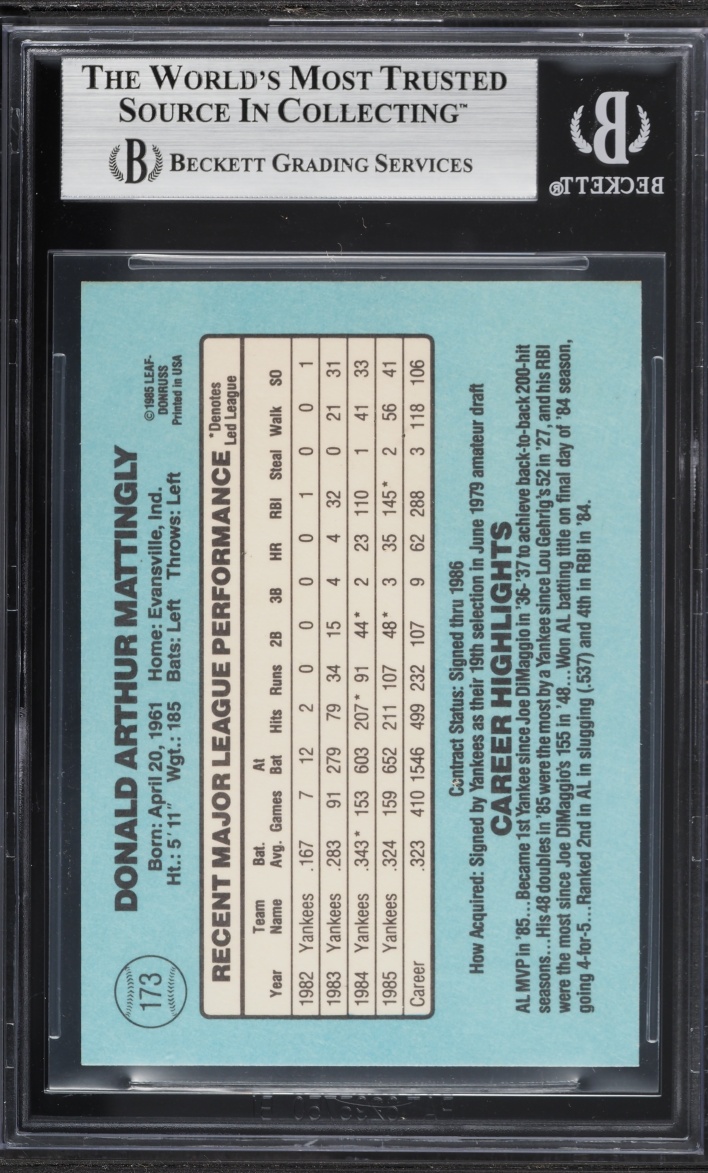 1986 Donruss Don Mattingly #173 BGS 8 NM-MT