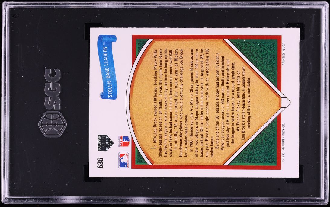1991 Upper Deck Stolen Base Leaders No Date On Front Lou Brock Ricky Henderson #636 SGC 8 NM-MT