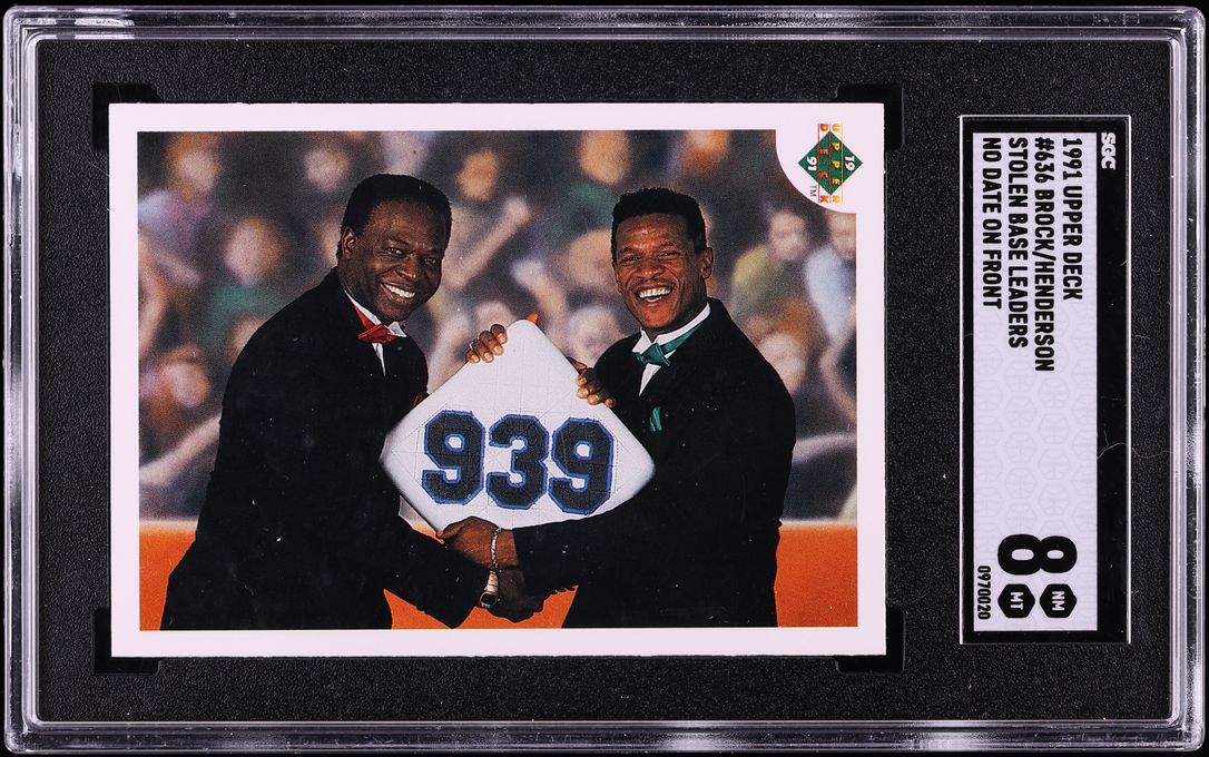 1991 Upper Deck Stolen Base Leaders No Date On Front Lou Brock Ricky Henderson #636 SGC 8 NM-MT