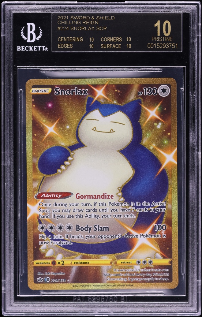 2021 Pokemon Sword & Shield Chilling Reign Gold Rare Snorlax #224 BGS 10 PRISTINE, BLACK LABEL