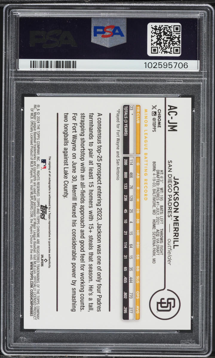 2024 Topps Chrome Update Green Refractor Jackson Merrill ROOKIE AUTO /99 PSA 10