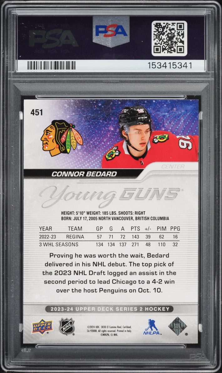 2023 Upper Deck Young Guns Connor Bedard ROOKIE #451 PSA 8 NM-MT