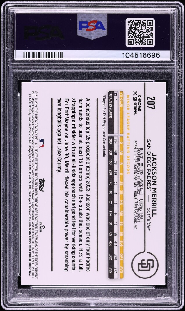 2024 Topps Chrome Prism Refractor Jackson Merrill ROOKIE #207 PSA 9 MINT