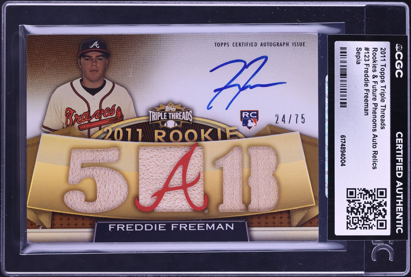 2011 Topps Triple Threads Future Phenoms Sepia Freddie Freeman RC PATCH AUTO /75 #123 CGC AUTH